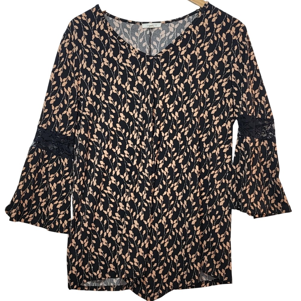 Ava James Womens Black Tan Leaf Print Bell Sleeve Lace Insert‎ V-Neck Blouse M